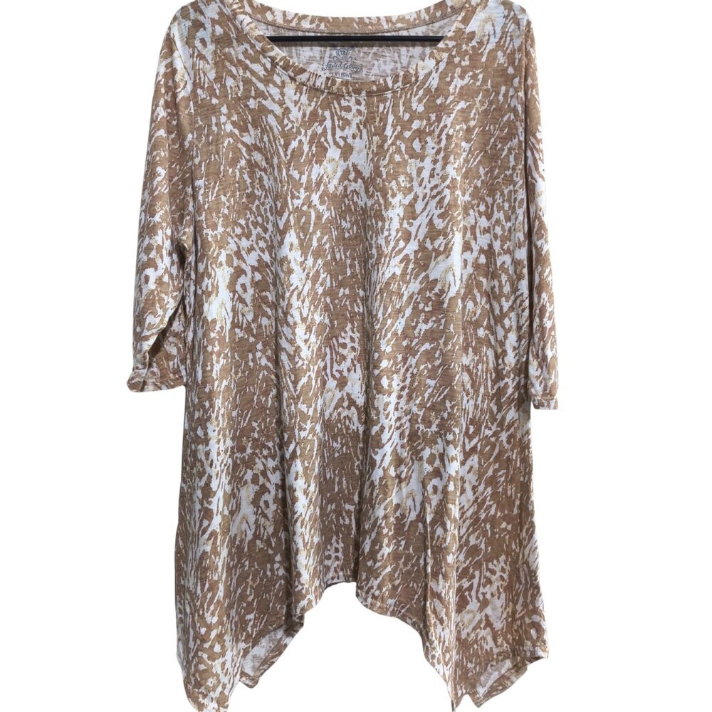 Faded Glory Size 1X Tan Abstract Print Handkerchief Hem Top